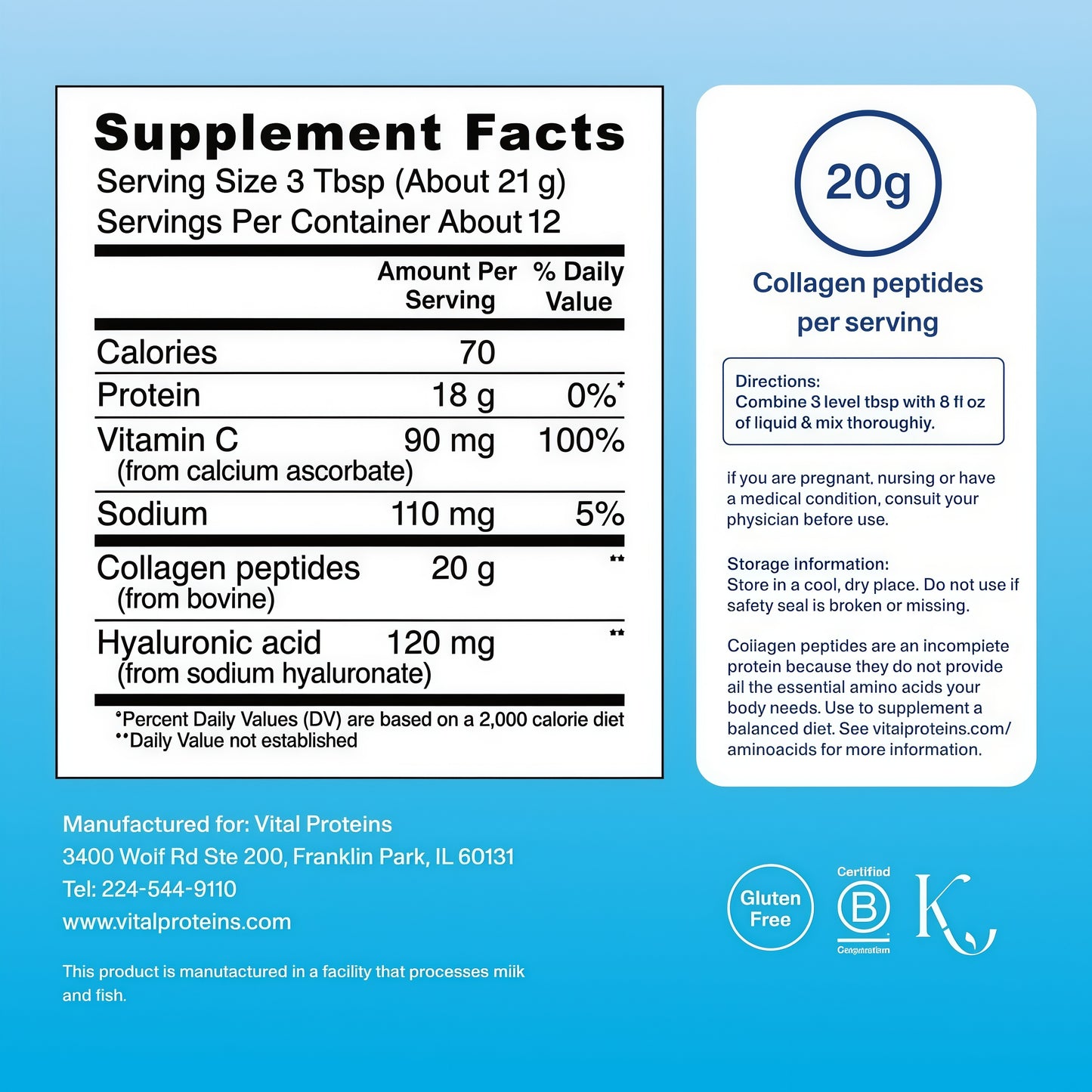 Vital Proteins Collagen Peptides Powder Advanced with Hyaluronic Acid & Vitamin C, 20oz Collagen Protein, Unflavored, 27 Servings