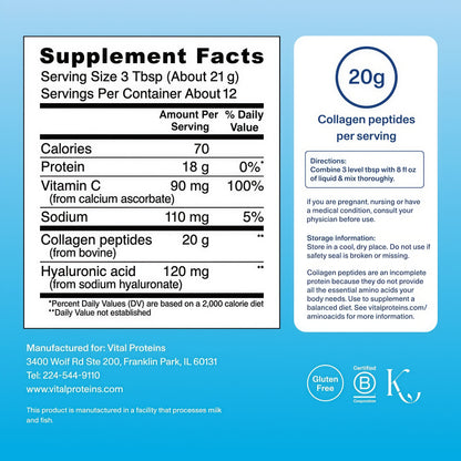 Vital Proteins Collagen Peptides Powder Advanced with Hyaluronic Acid & Vitamin C, 20oz Collagen Protein, Unflavored, 27 Servings